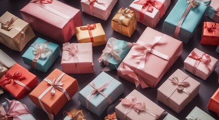 Naklejka na ściany i meble gift boxes and decorations on abstract background, sales gifts background, colored gifts wallpaper, black friday