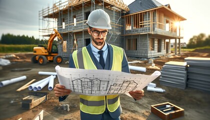 An architect in safety gear referring to blueprints at the construction site of a new house, with building materials and equipment. - obrazy, fototapety, plakaty
