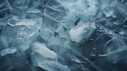 Broken ice in blue water. Natural ice. Cold frozen water. Winter season. Arctic glacier, north beauty. Abstract wallpaper, transparent texture. Generated AI