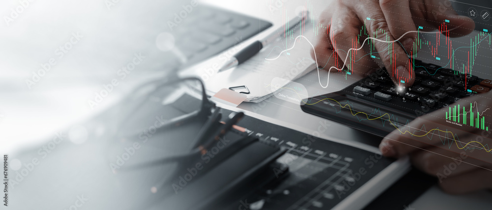 Poster businessman using calculator with marketing data growth graph and progress of business and analyzing