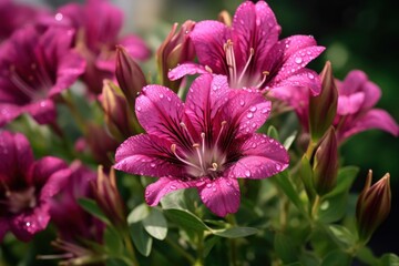 Beautiful pink lily, Alstroemeria flowers with raindrops on petals. Mother's day concept with a space for a text. Valentine day concept with a copy space.