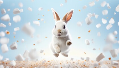 cute rabbit jump in  a freez motion, marshmallow  falling  in the background with blue light , for banner  celebration easter egg