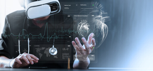 Cardiologist doctor examine patient heart functions and blood vessel on VR virtual interface. Medical technology and healthcare treatment to diagnose heart disorder with computer AI. - obrazy, fototapety, plakaty