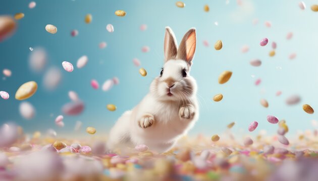 cute bunny jump in motion freez, with cany beans falling in the background ,for banner  celebration easter egg