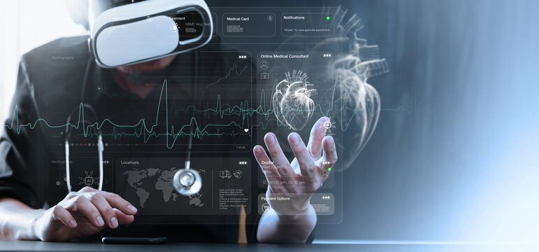 Cardiologist doctor examine patient heart functions and blood vessel on VR virtual interface. Medical technology and healthcare treatment to diagnose heart disorder with computer AI.