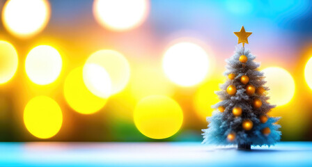 Christmas fir tree on a blurred lights bokeh background.Winter holidays festive, Merry Christmas,Happy New Year greeting card.Generative AI