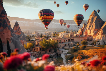 vibrant hot-air balloons hovering in the sky on sunrise, Cappadocia, Turkey - obrazy, fototapety, plakaty
