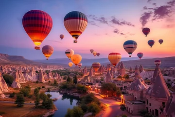 Zelfklevend Fotobehang vibrant hot-air balloons hovering in the sky on sunrise, Cappadocia, Turkey © Olesia Bilkei