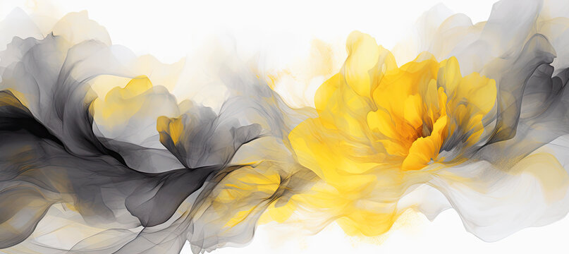 Abstract smokey black and gold background with floating  flower in style marbled ink