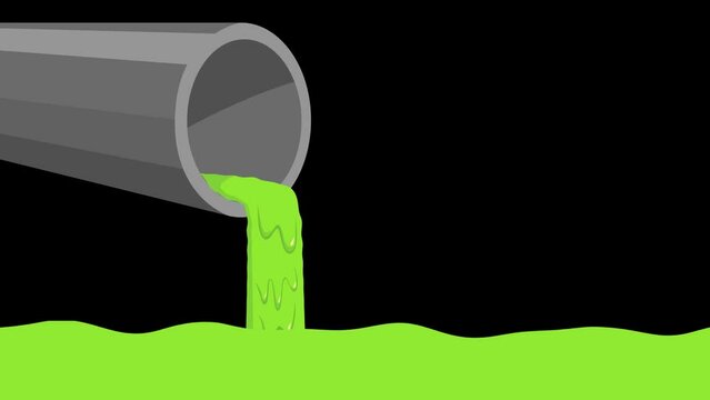 Motion graphics of a pipe pouring out green slimy liquid, concept for industrial waste and water pollution