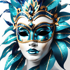 Manequim com fantasia de carnaval brasileira. Máscara de carnaval azulado em exposição.