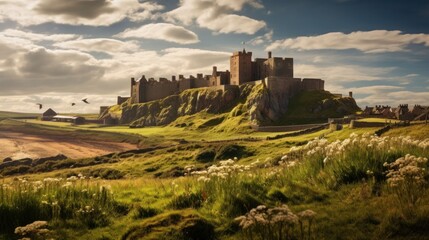 Step into history with the iconic Bamburgh Castle, a medieval fortress perched on a craggy outcrop of volcanic dolerite. This Grade I listed building, nestled in the picturesque landscape of Northumbe - obrazy, fototapety, plakaty