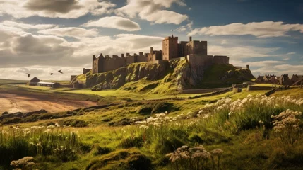 Fotobehang Step into history with the iconic Bamburgh Castle, a medieval fortress perched on a craggy outcrop of volcanic dolerite. This Grade I listed building, nestled in the picturesque landscape of Northumbe © Chingiz
