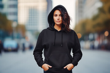 Woman wearing plain black hoodie for mockup. Fashion model female with black hoodie and neutral background. Black hoodie mockup.