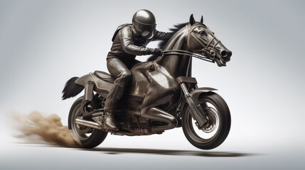 Rider on a horse-shaped motorcycle, speed in sculpture form.