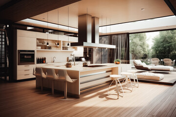 Open space modern kitchen room interior. Open space modern living interior design. Bright big living space. Architecture and home design.