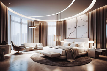 White modern bedroom with big bed. Open space modern living interior design. Dark big living space. Architecture and home design.