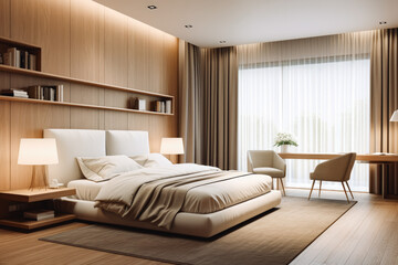 Fototapeta na wymiar White modern bedroom with big bed. Open space modern living interior design. Dark big living space. Architecture and home design.