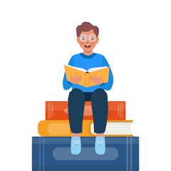 Boy sitting on the stack of books and reading book. Knowledge, creativity, discoveries. Educational banner. Back to school. Vector illustration.