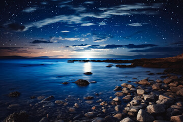 Obraz premium Beach and starry sky and moon in the night sky. Night time at the beach, looking at the stars. Romantic night at the beach stargazing.