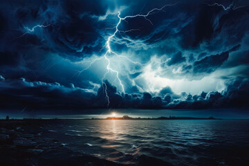 Storm over the beach and starry sky and moon in the night sky. Night time at the beach, looking at the stars. Romantic night at the beach stargazing. - obrazy, fototapety, plakaty