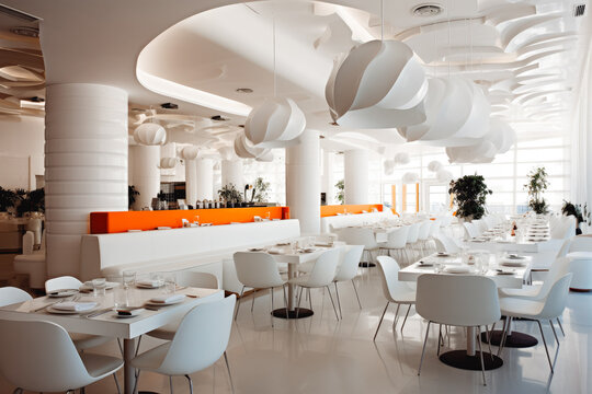 Modern open space white restaurant room interior with tables. Open space modern living interior design. big living space. Architecture and design.
