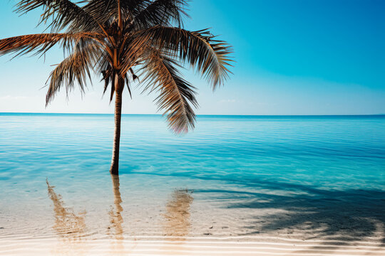 Palm tree shadow on blue ocean. Traveling in tropical sun. Colorful summer inspired background screensaver for computer.