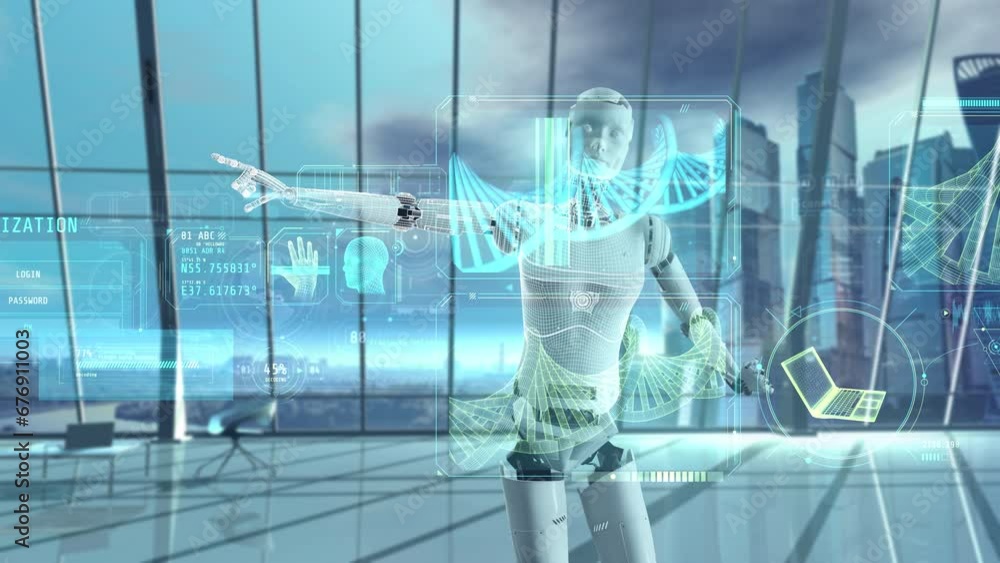 Poster android works on a holographic panel with dna. 3d render