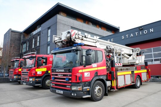 Hertfordshire Fire and Rescue Service, Scania fire engines outside Watford Fire Station