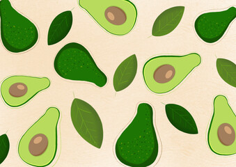 Pattern of fresh and half avocado isolated .Organic food. Cartoon style. Vector illustration for design.