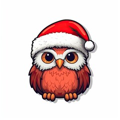 Cartoon red owl wearing red santa hat emoji. Christmas owl sticker. New Year's Santa hat. Collection of emoji, sticks, logos. Collection of bioluminescent cute stickers. Generative AI