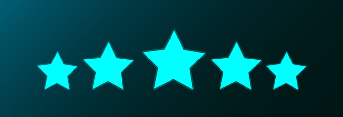 Five 5 stars digital neon rating. Product rating or customer review with gold stars for online shop. Vector icons for apps and websites	