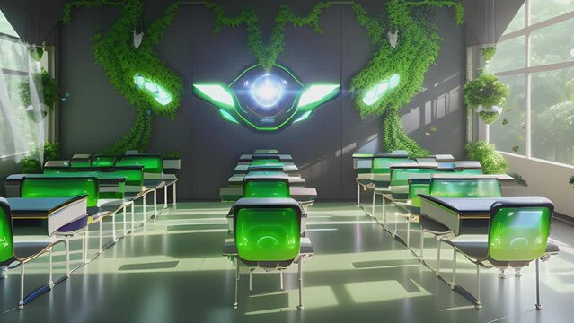 empty futuristic classroom with modern tables and chairs. Cartoon or anime watercolor painting illustration style. seamless looping 4K virtual video animation background.