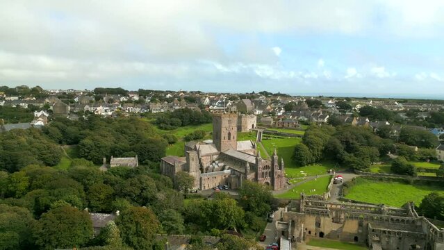 Drone shot of St Davids Cathedral in Wales, western England