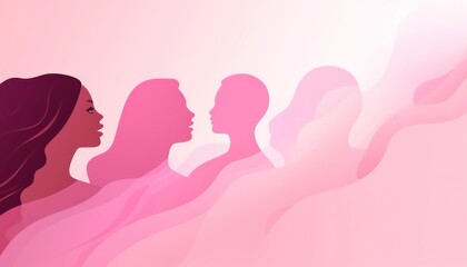 silhouette of a diverse women from different ethnicity , pink rose color banner 