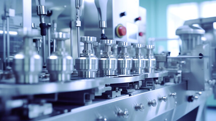 Pharmaceutical manufacturing machine. Automated industrial equipment at pharmaceutical factory. 
 - obrazy, fototapety, plakaty