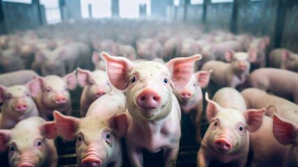 Small piglet in the farm. Group of Pig indoor on a farm. Pig farm industry farming hog barn pork.