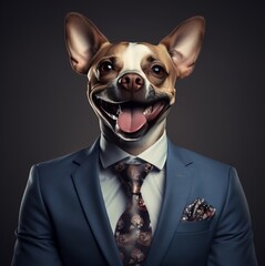 serious portrait of a man with a dog's facein a suit on a dark background