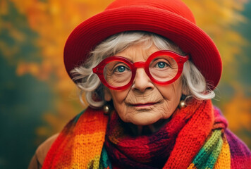 Eccentric Grandmother Radiates Joy in Colorful Ensemble, Wearing a Trendy Woolly Hat and Vibrant Clothes with Playful Confidence, AI generated - obrazy, fototapety, plakaty