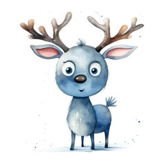 Blue Reindeer in a Cartoon Christmas Setting on a White Background