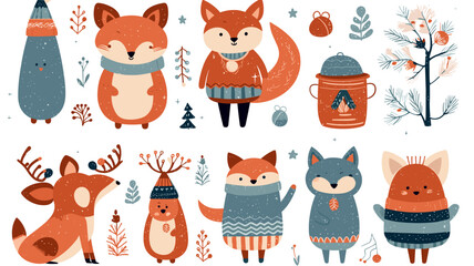 vector set, Christmas winter elements collection isolated on white background, cute animals seasonal design, items set for kids, textile clothes and scrapbook.