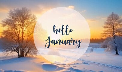 Hello January greeting with snowy trees in the winter forest against sunset sky.Wintertime concept.
