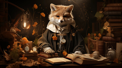 Sophisticated Fox in a Library: A whimsical depiction of a fox dressed in scholarly attire, surrounded by books in a grand library