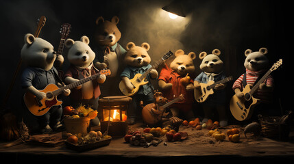 Animal Band Concert: A lively concert with a band of anthropomorphic animals playing various instruments on a vibrant stage