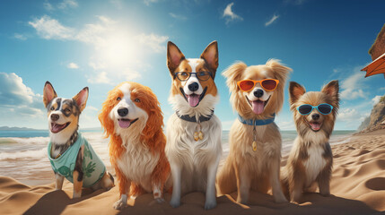 Beach Party with Animal Surfers: A sunny beach scene with animals in colorful beachwear, enjoying the waves and surfboards