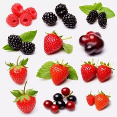 Collage with a bunch of different berries isolated on white, AI generator
