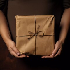 A hand holds a parcel wrapped in brown paper,  ai generator