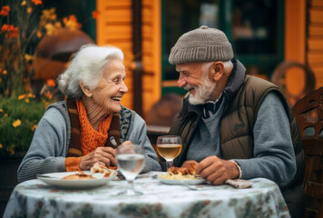 Elderly Couple Sharing Laughter and Love Over a Cozy Dinner Table, AI generated