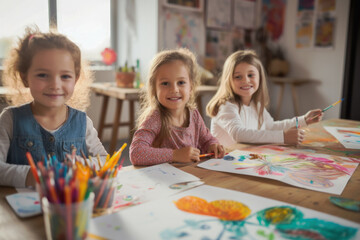 Fototapeta premium Three girls are doing a creative project in the classroom