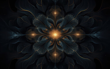 fractals symmetric  as flower design navy dark blue color and gold  - obrazy, fototapety, plakaty